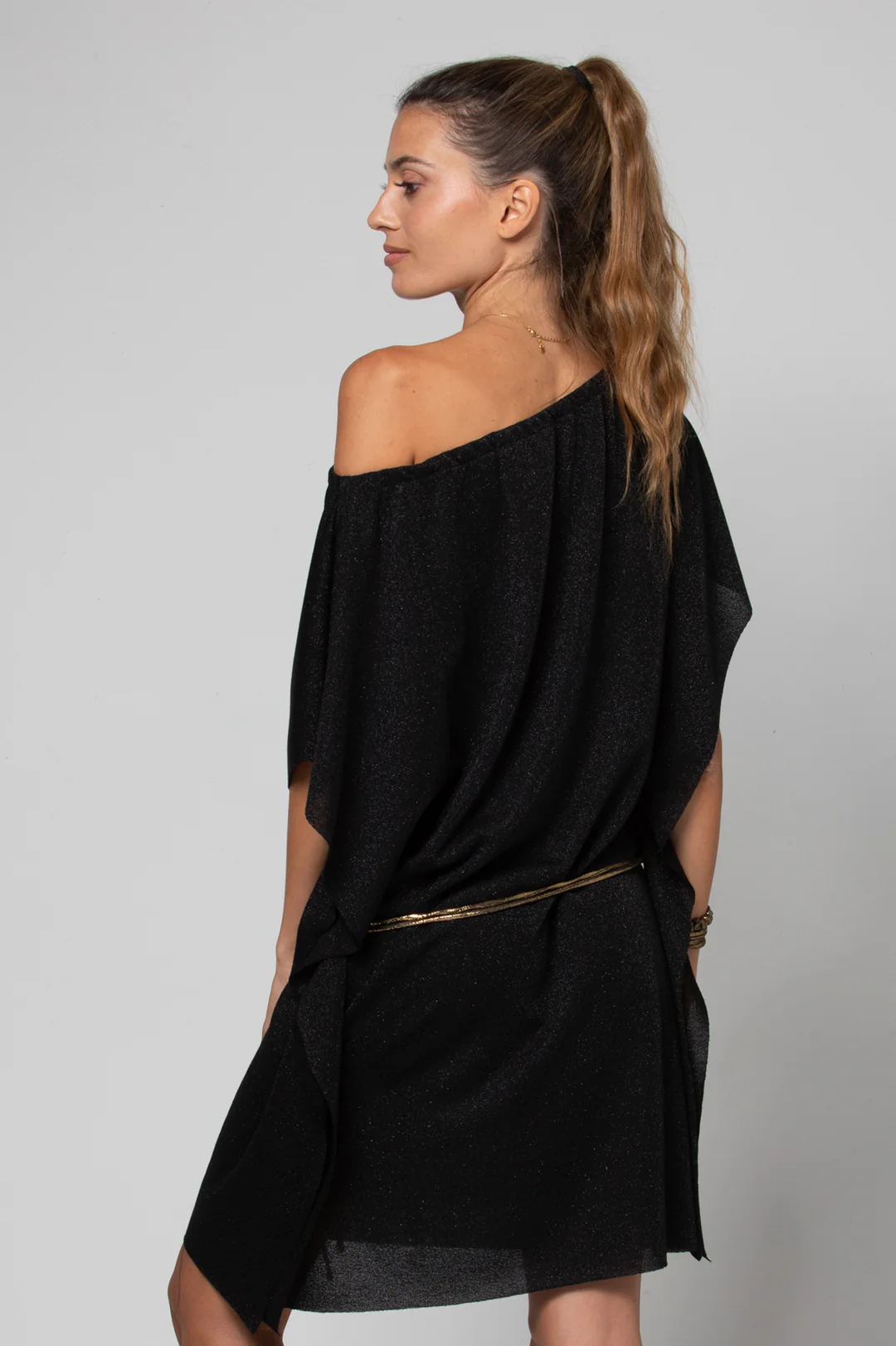 ROBE COURTE COL BARDOT CINTURÉE ENA LUREX BLACK - TAILLE M image